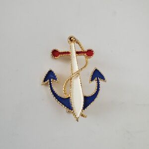 Vintage JJ Jonette Jewelry Anchor Brooch Red White Blue Enamel Nautical Pin Gold